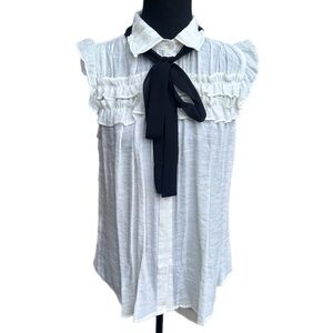 Elegant Off White Ruffled‎ Blouse with Black Bow Tie Detail